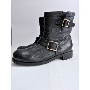Jimmy Choo Black Leather Biker Boots Buckle Moto Italy EU 40.5 US 9.5
